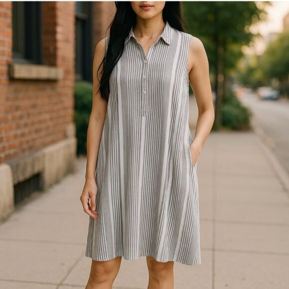 Tahari Linen Popover Shirt Dress Women Plus Size 1X Eggplant Sleeveless Collared - Picture 2 of 11